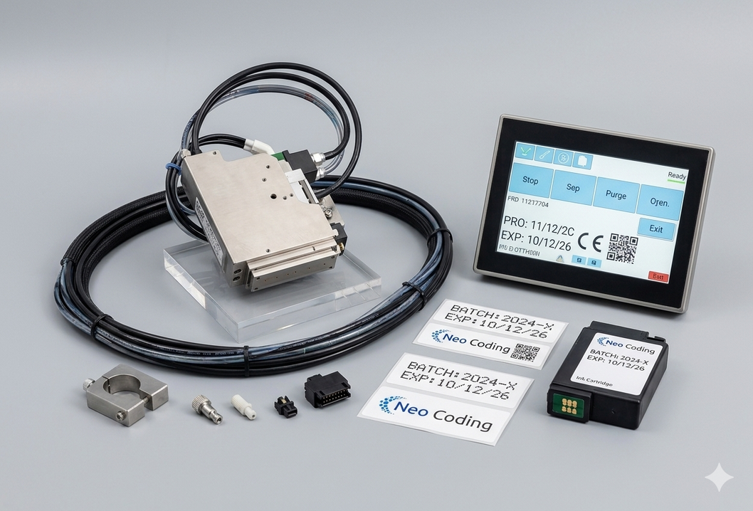 Tecnico che regola una testina inkjet su una linea di produzione