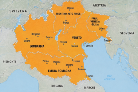Mappa stilizzata del Nord-Est Italia con evidenza delle aree industriali servite da Neo Coding