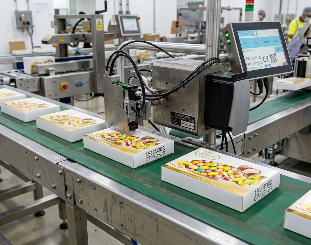 Stampante inkjet termica HP che marca codici su scatole di cartone